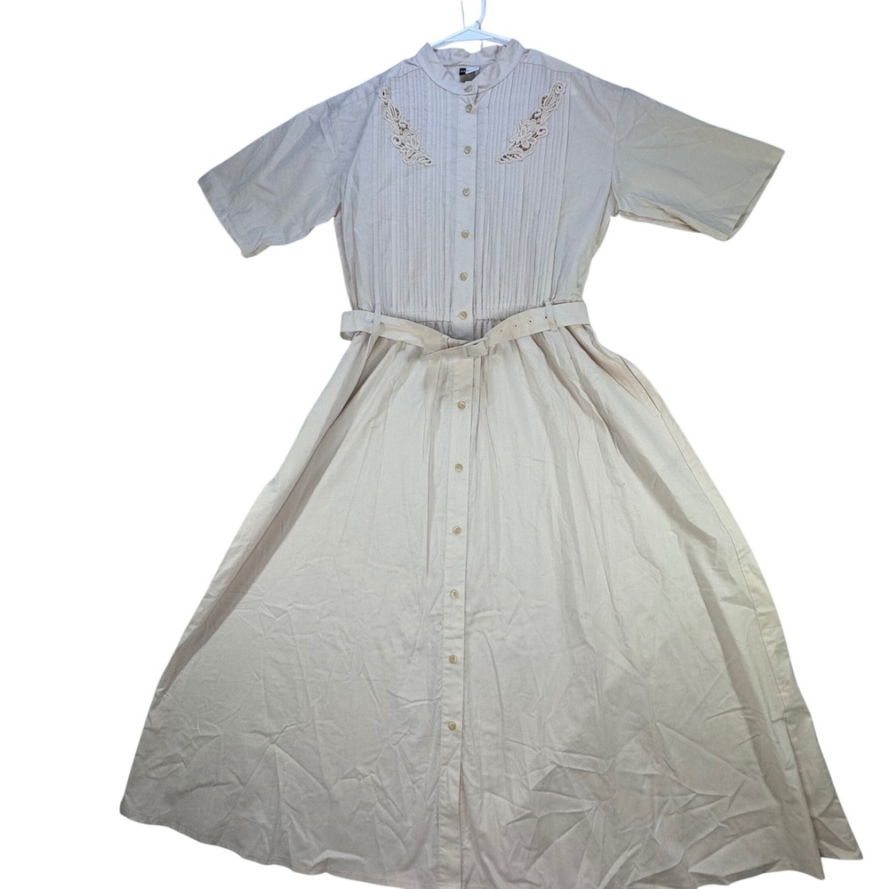 NWT Vintage 90's Button Front Shirt Dress Women 14 Pintuck Belted Cottagecore
